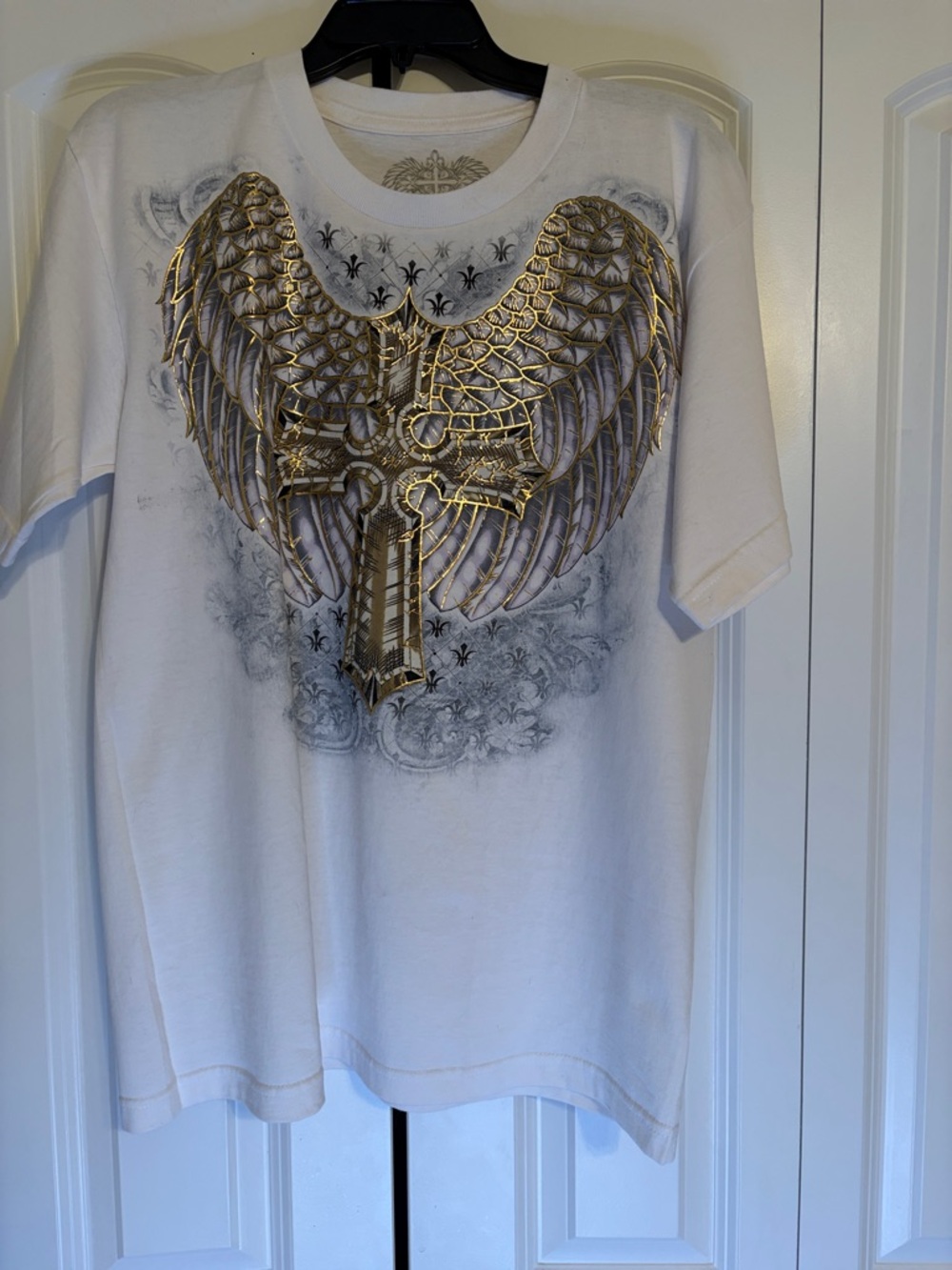 Men's White Short Sleeve Tee with Metallic Gold Wing Cross Graphic